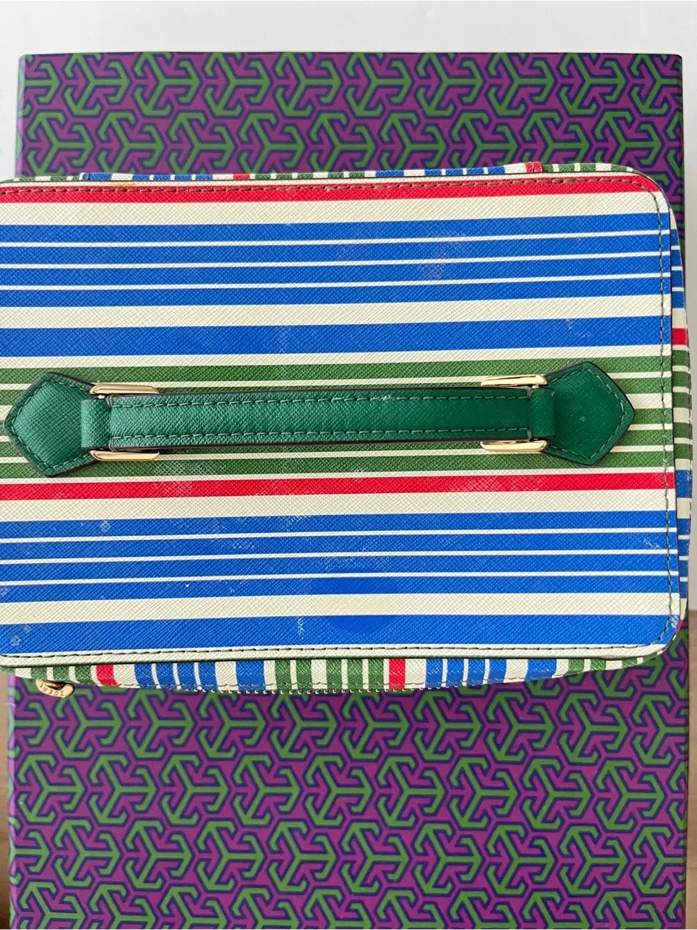 Nice Robinson Tory Burch Green Blue Striped Top-Handle Cosmetic Case
